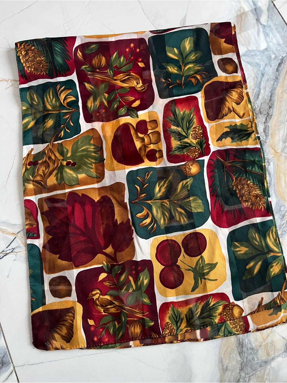 Autumn Fall Leaves Themed Sheer Scarf in Red, Green & Gold with Mushrooms